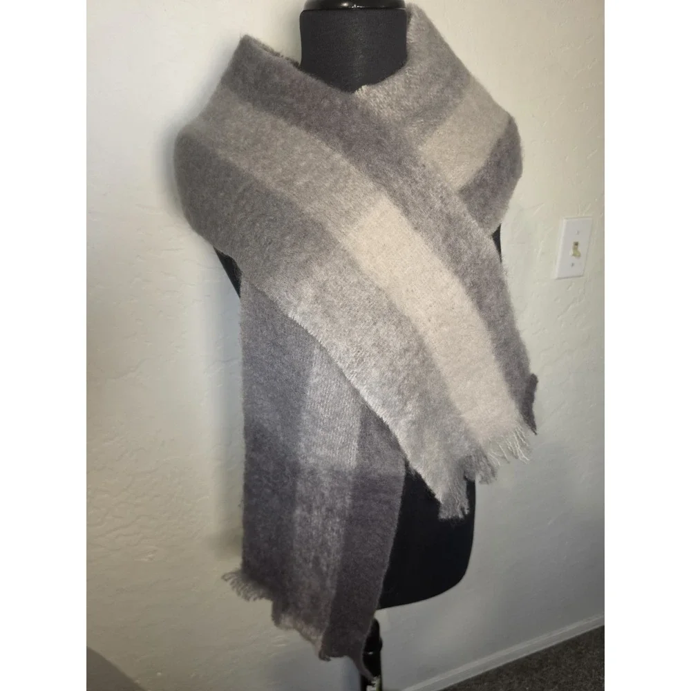 cape  Mohair scarf Gray/Ivory Striped Mohair Wool Knit Fringe Rectangle